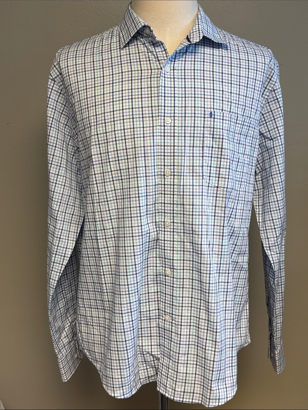 IZOD Regular Fit Plaid Button Front Shirt Men's L 16-16.5 34/35 Blue Cotton
